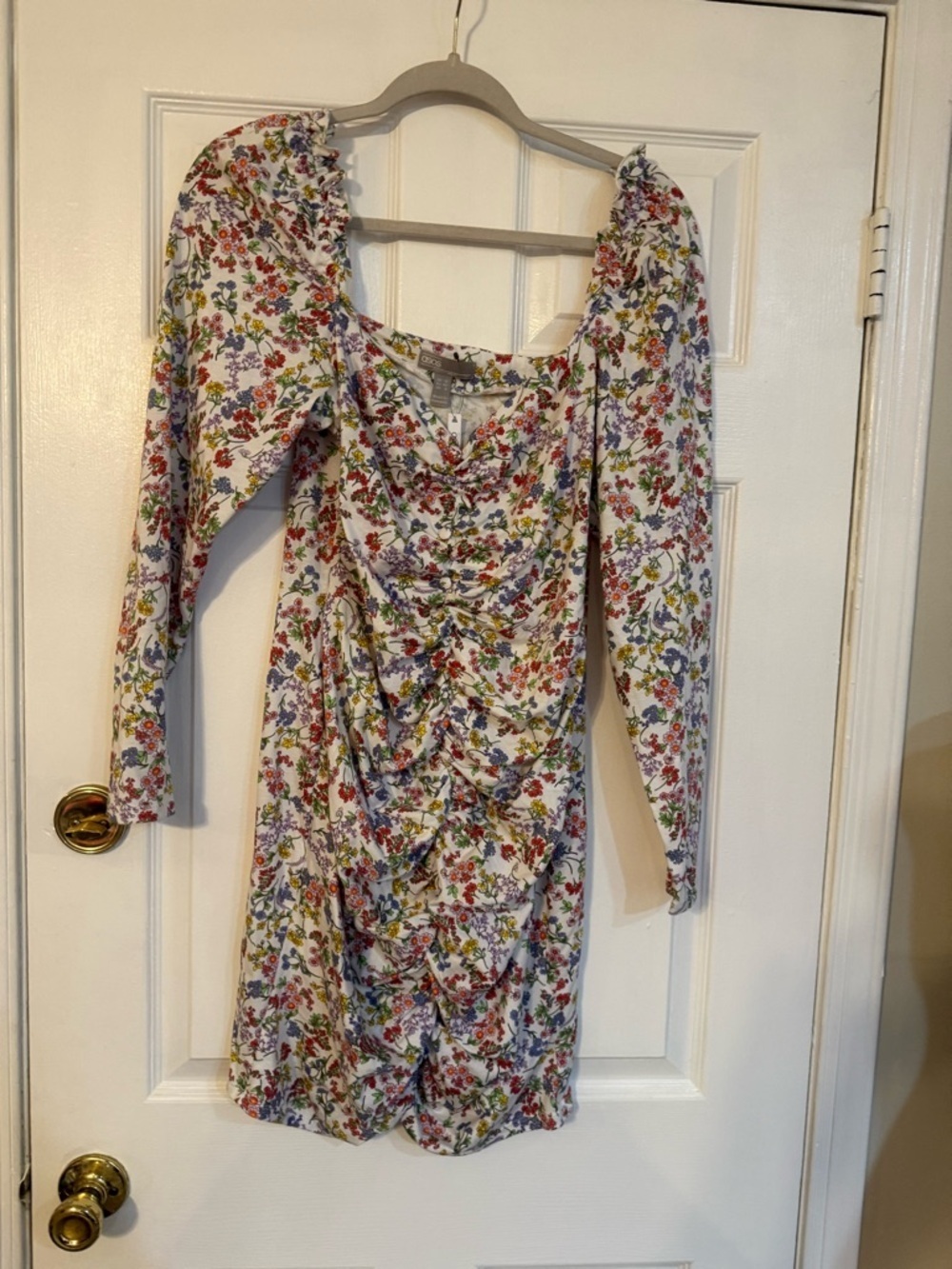 ASOS White Multi Floral Ruched Long-Sleeve Mini Dress
